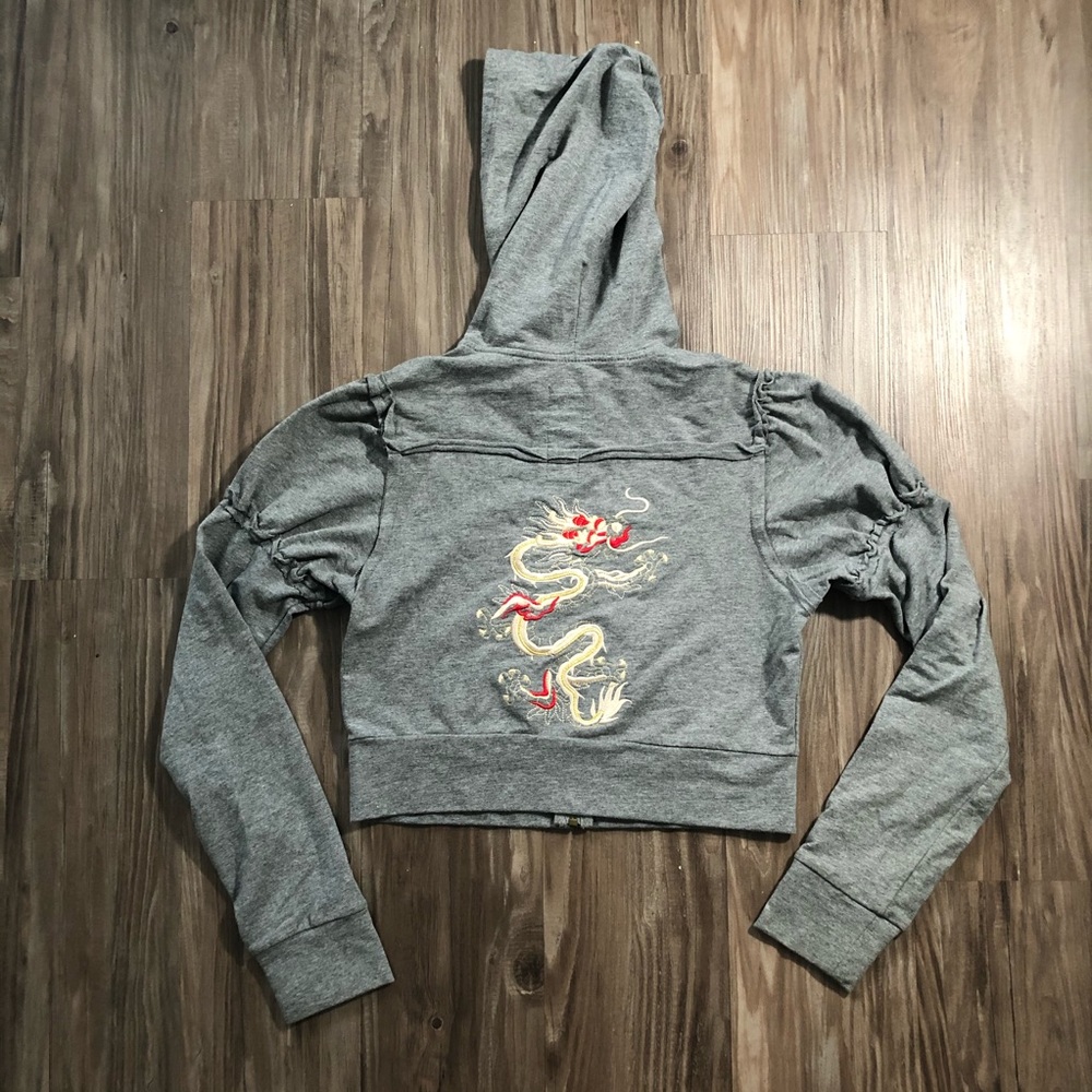 Cropped zipper hoodie with dragon appliqué